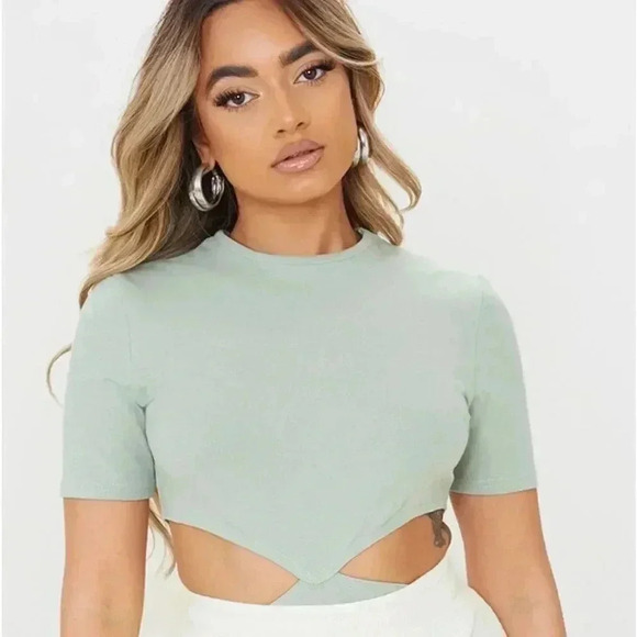 Petite Sage Green Cotton Cut Out Bodysuit - Picture 3 of 12